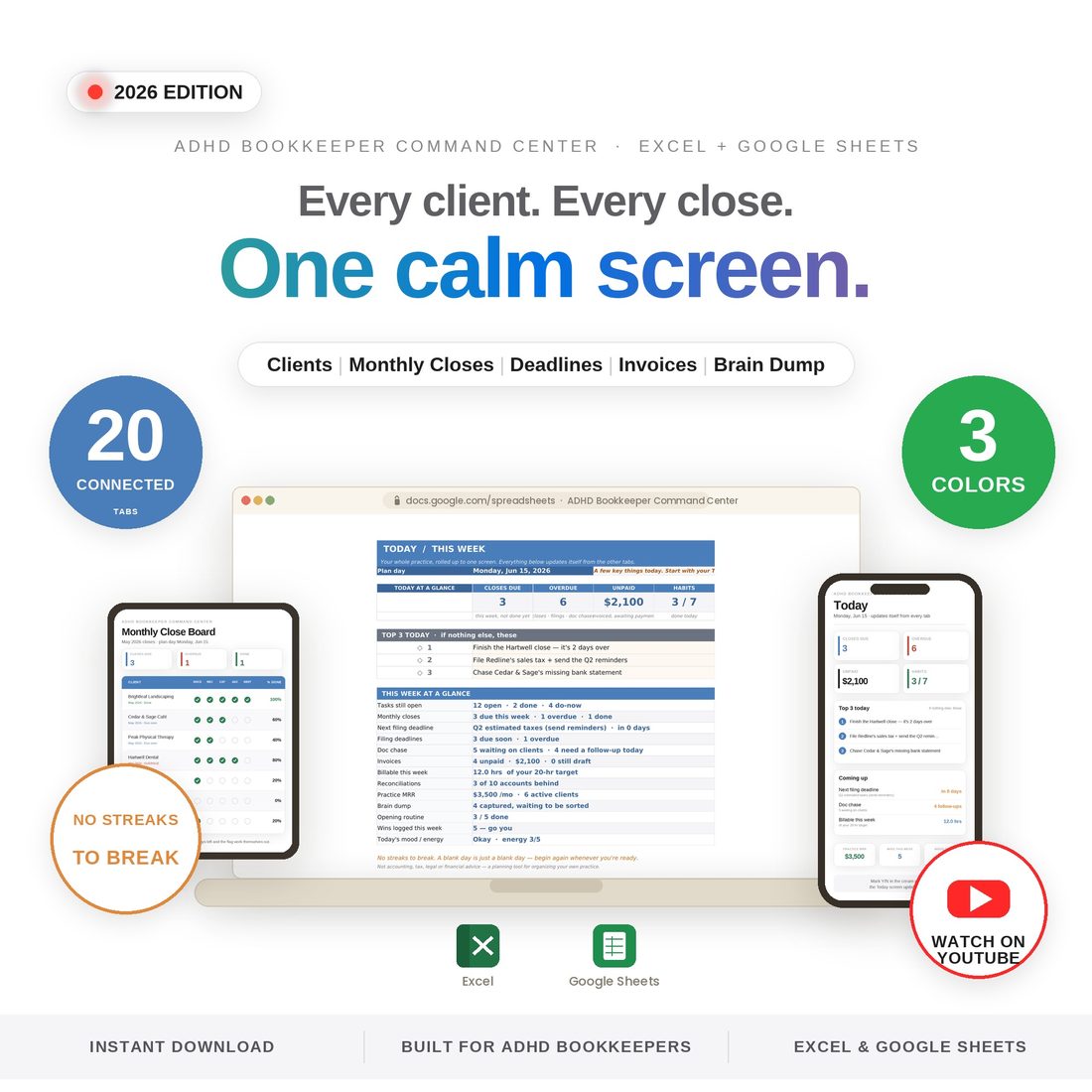 ADHD Bookkeeper Command Center — Clients, closes, deadlines — and your head