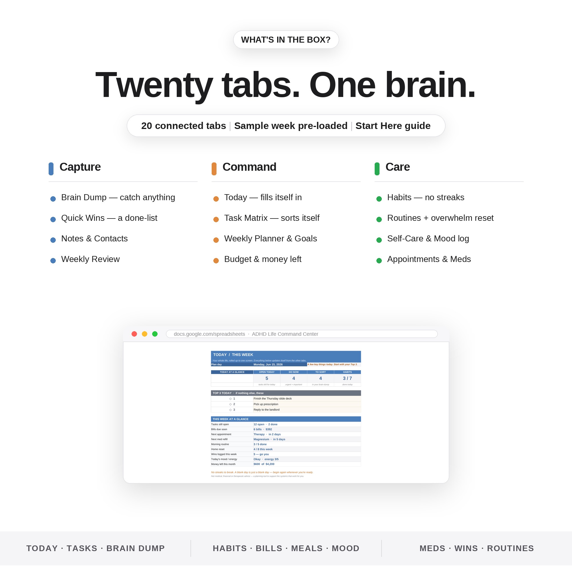 What's inside — 20 connected tabs