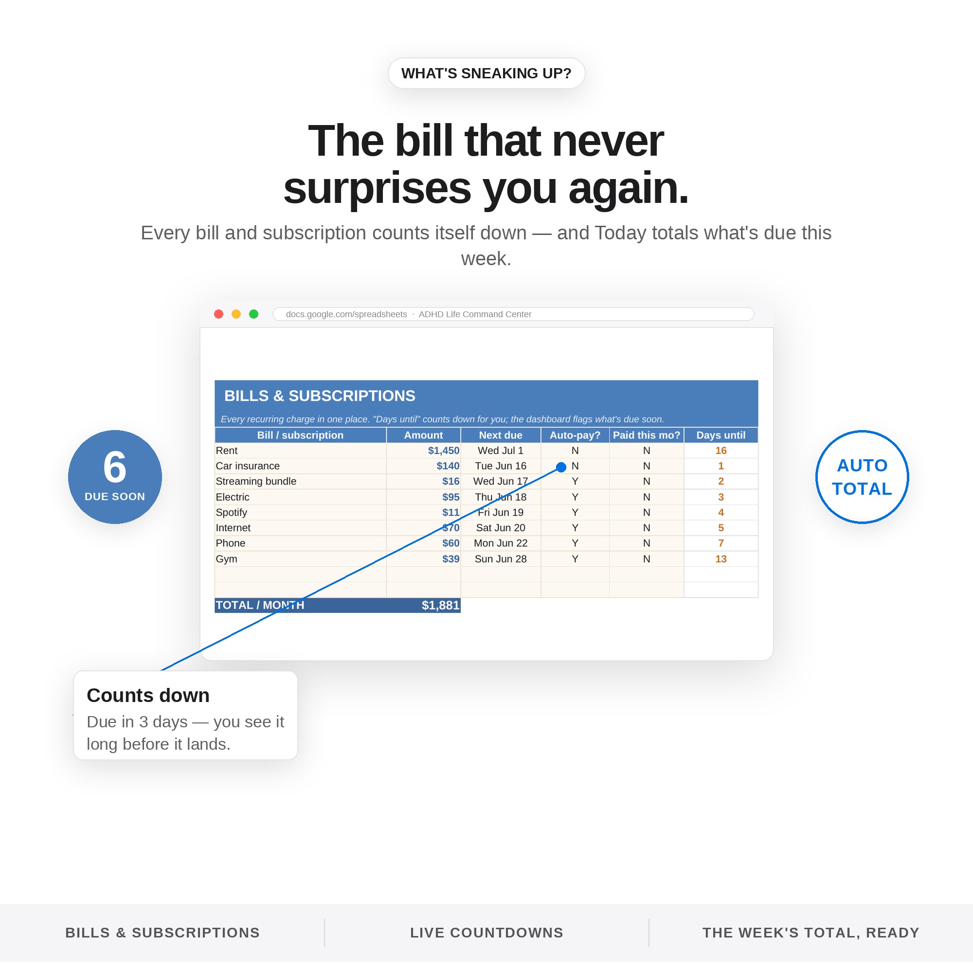 Bill tracker with due dates and status