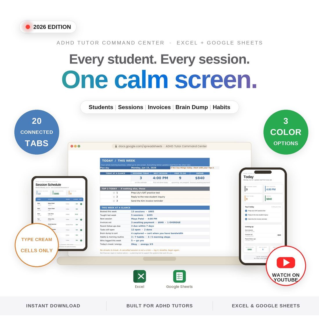 ADHD Tutor Command Center — Spreadsheet System