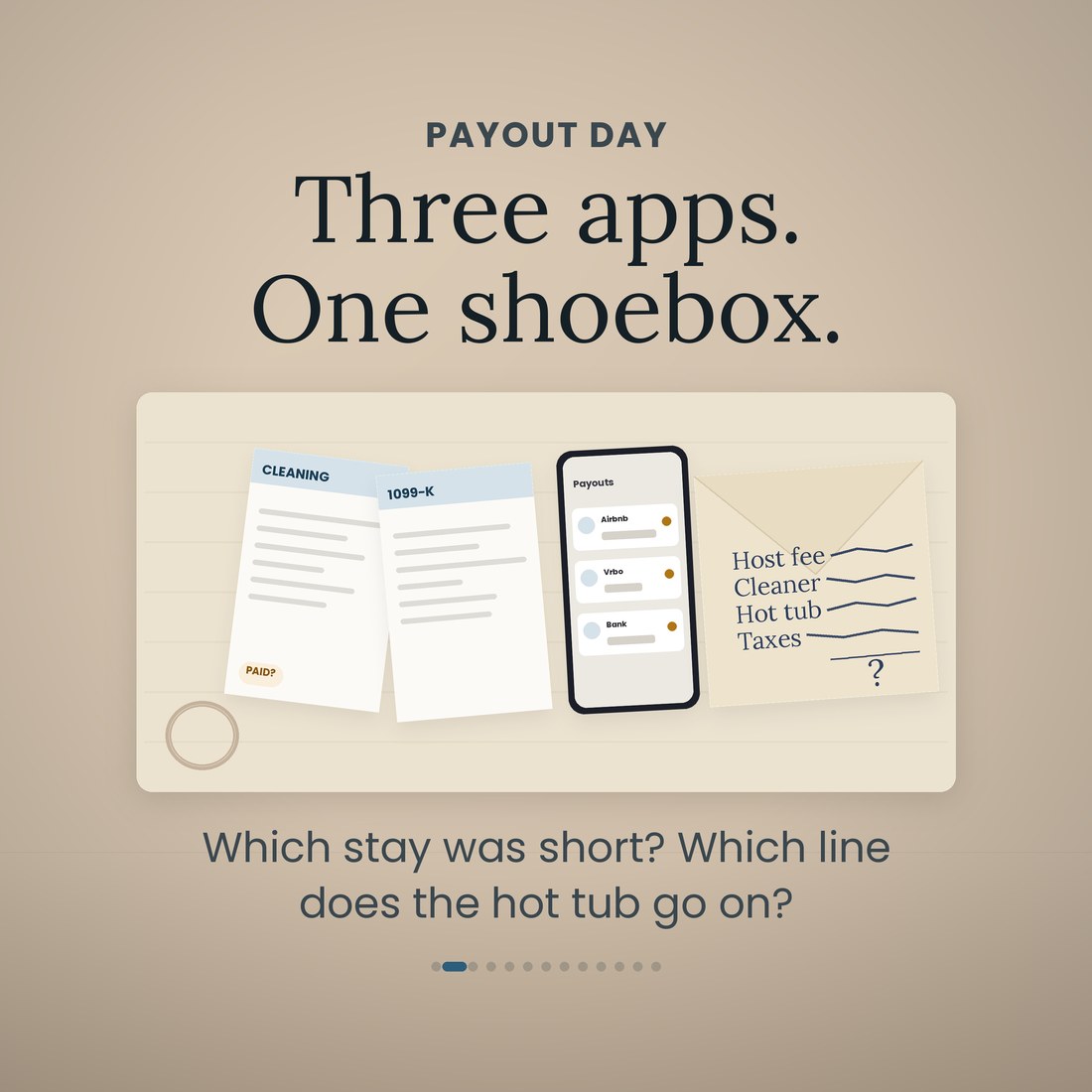 Payout day: a cleaning invoice marked paid?, a 1099-K, a phone with three payout notifications from Airbnb, Vrbo and the bank, and an envelope listing host fee, cleaner, hot tub and taxes on a desk. Three apps and one shoebox.