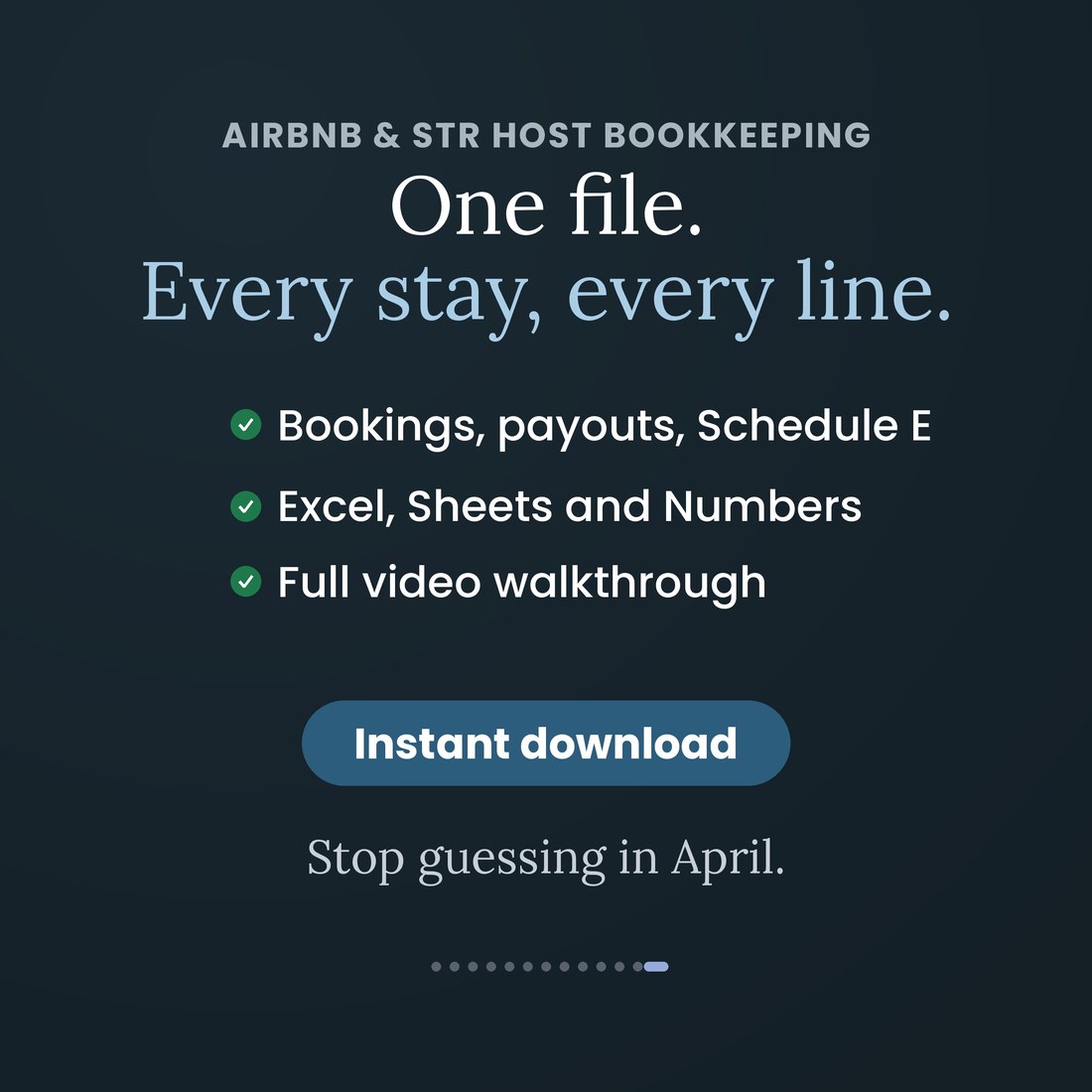 Airbnb and STR Host Bookkeeping: one file, every stay, every line. Bookings, payouts and Schedule E in Excel, Google Sheets and Apple Numbers with a full video walkthrough. Instant download.