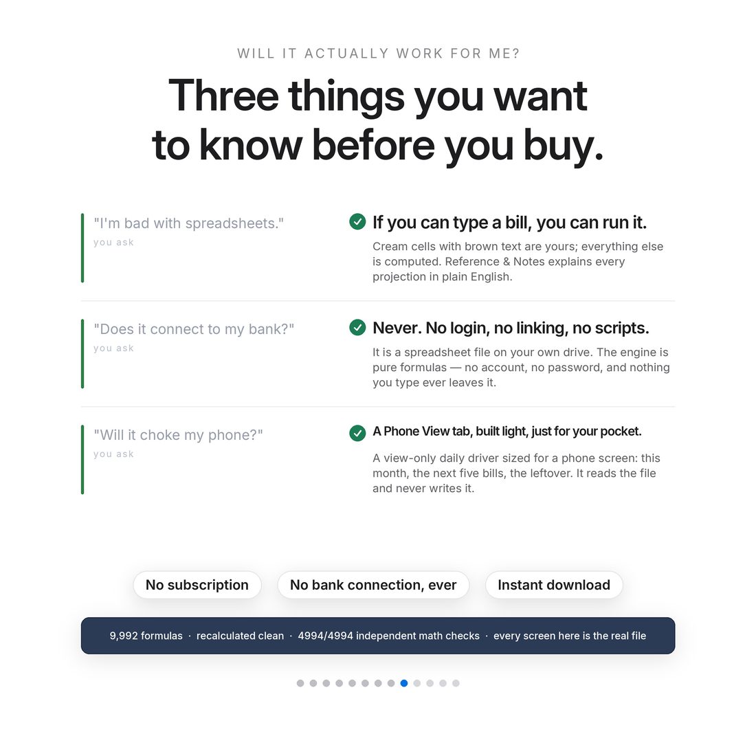 Three worries answered on one screen — bad with spreadsheets, bank connections, and what happens in 2028.