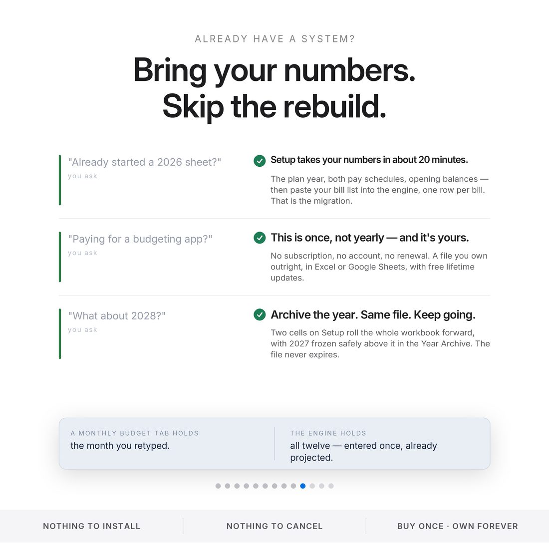 Already have a budget? Keep it. This is the automation layer underneath — and it runs in Excel or Google Sheets.