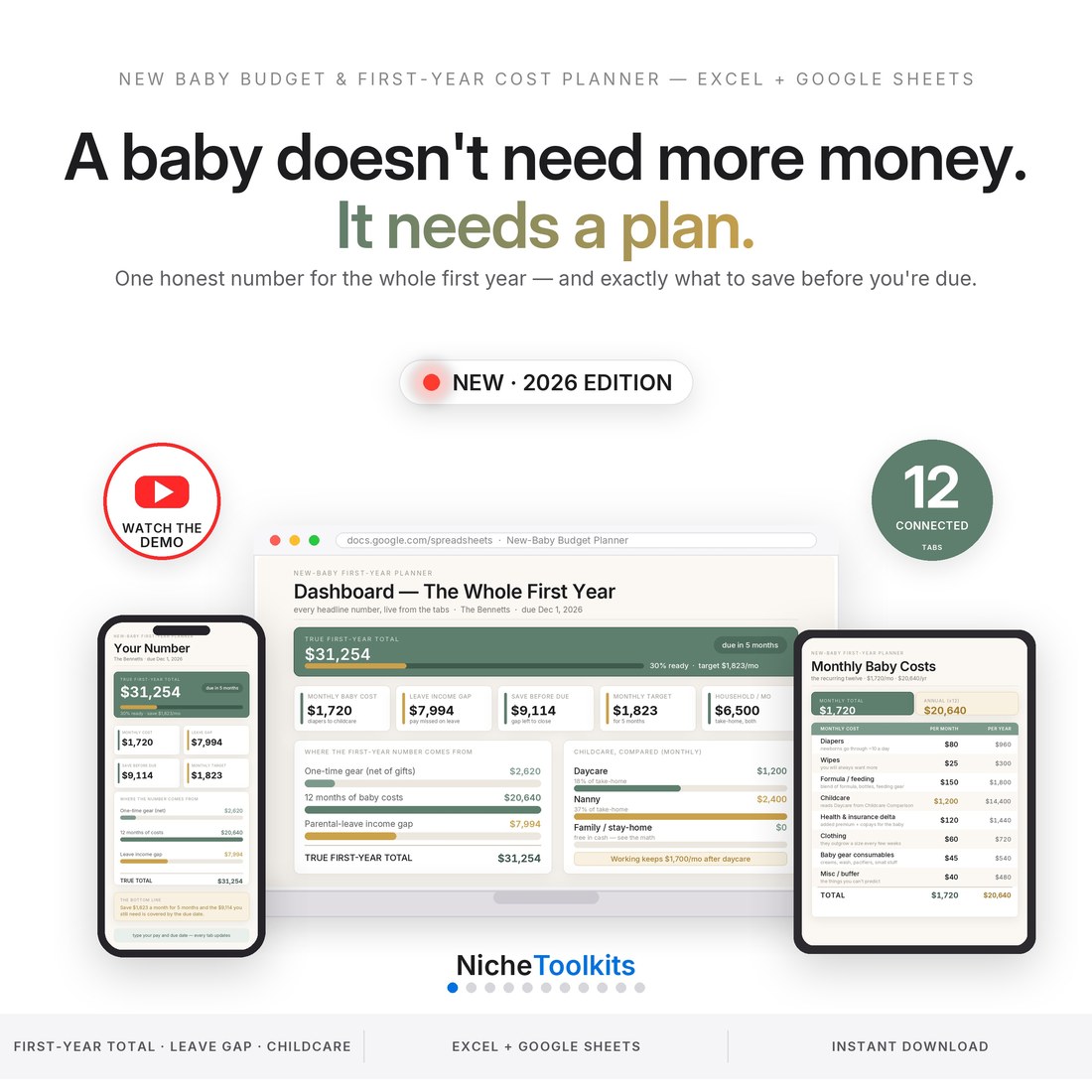 New baby budget planner spreadsheet for Excel and Google Sheets on laptop, tablet and phone — first-year total, monthly baby costs, parental leave income gap and childcare comparison in one file. Instant download.