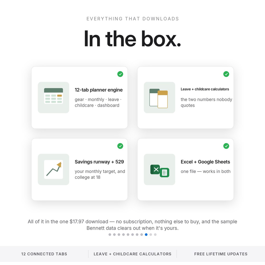 In the download: a 12-tab first-year baby budget engine, parental-leave and childcare calculators, a savings runway with a monthly target and an optional 529 starter, in Excel and Google Sheets.