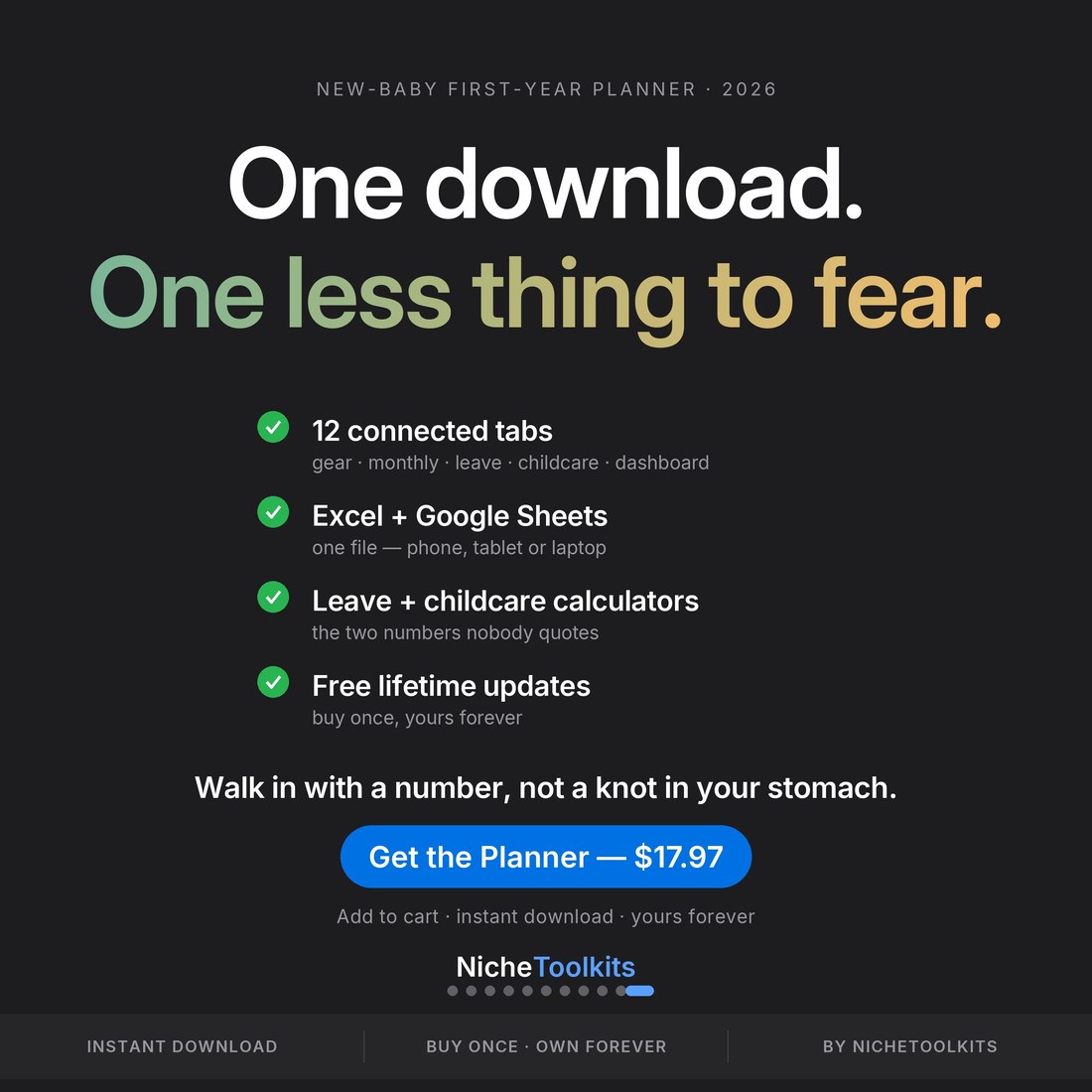 One download, one less thing to fear — new baby first-year budget and cost planner, 12 tabs, Excel and Google Sheets, parental-leave and childcare calculators, free lifetime updates, $17.97.