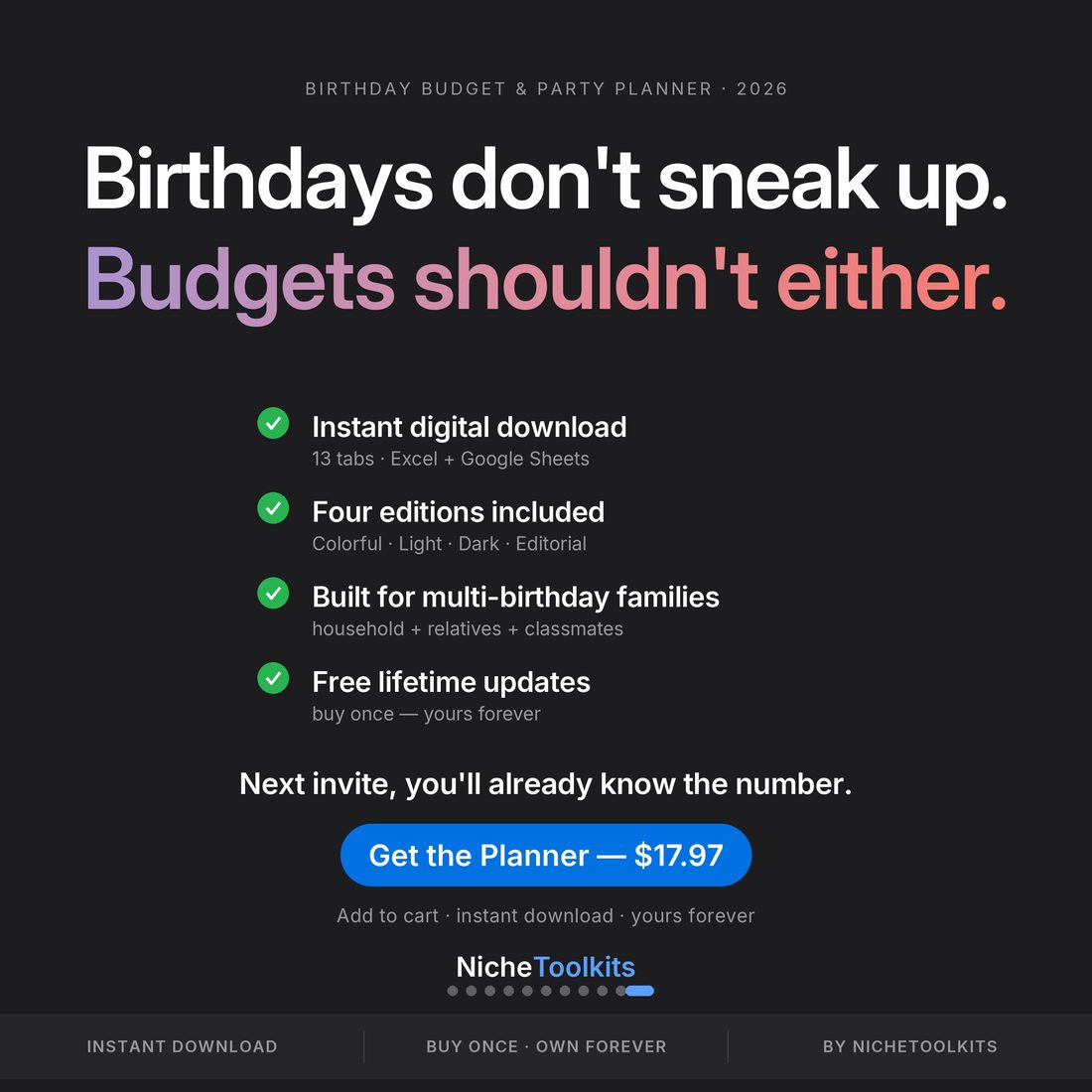 Candles pre-paid — every birthday in the family, already planned and already funded.