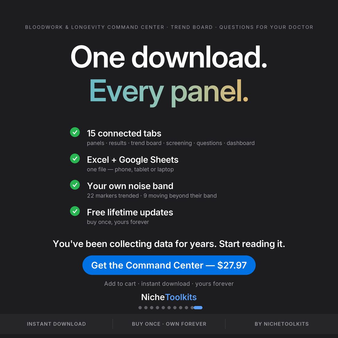 One download, every panel — bloodwork and longevity command center, 15 connected tabs, 23 markers, trend board and questions for your doctor, Excel and Google Sheets, free lifetime updates, $27.97.