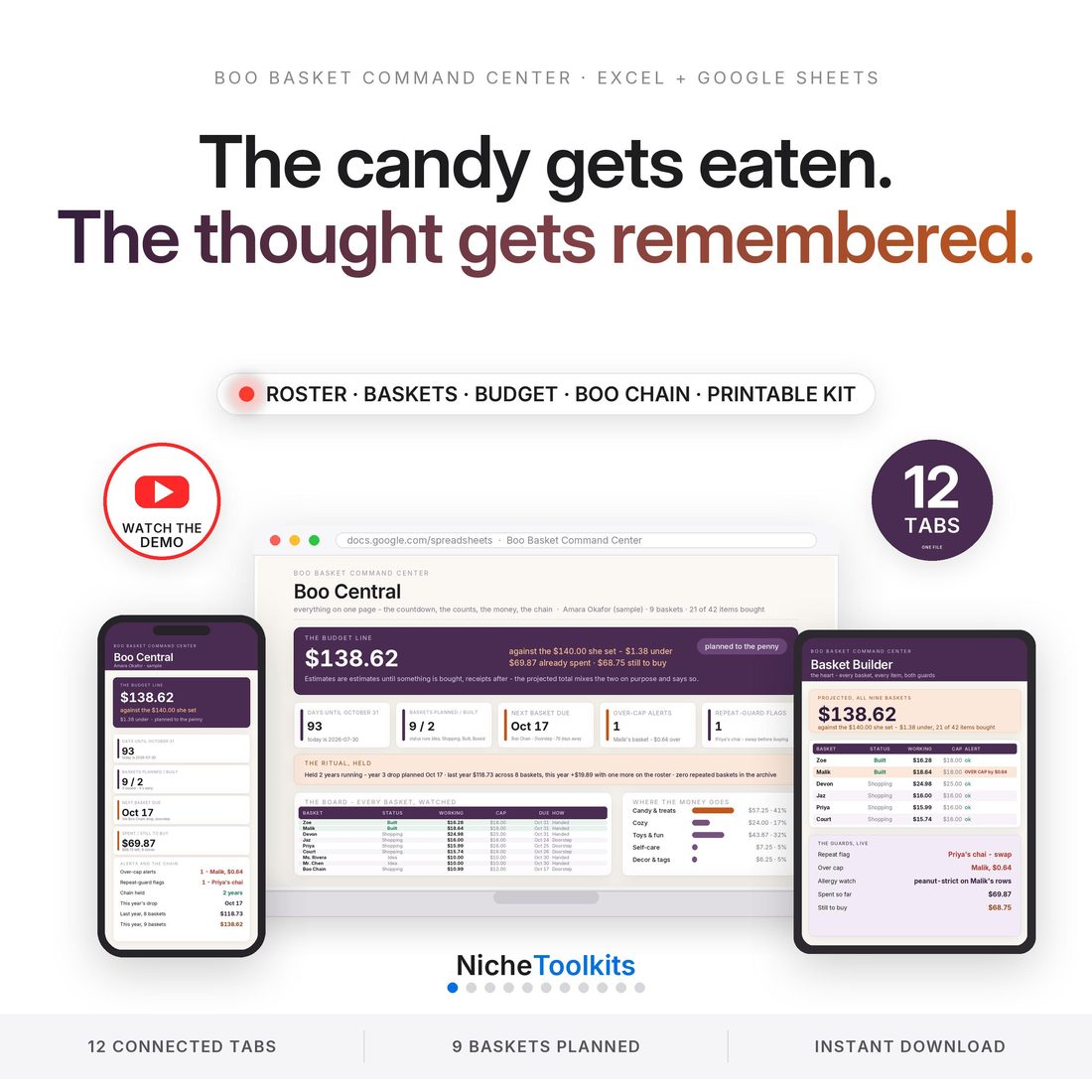 Boo Basket Command Center — the candy gets eaten, the thought gets remembered: nine baskets, one cap, no repeats.