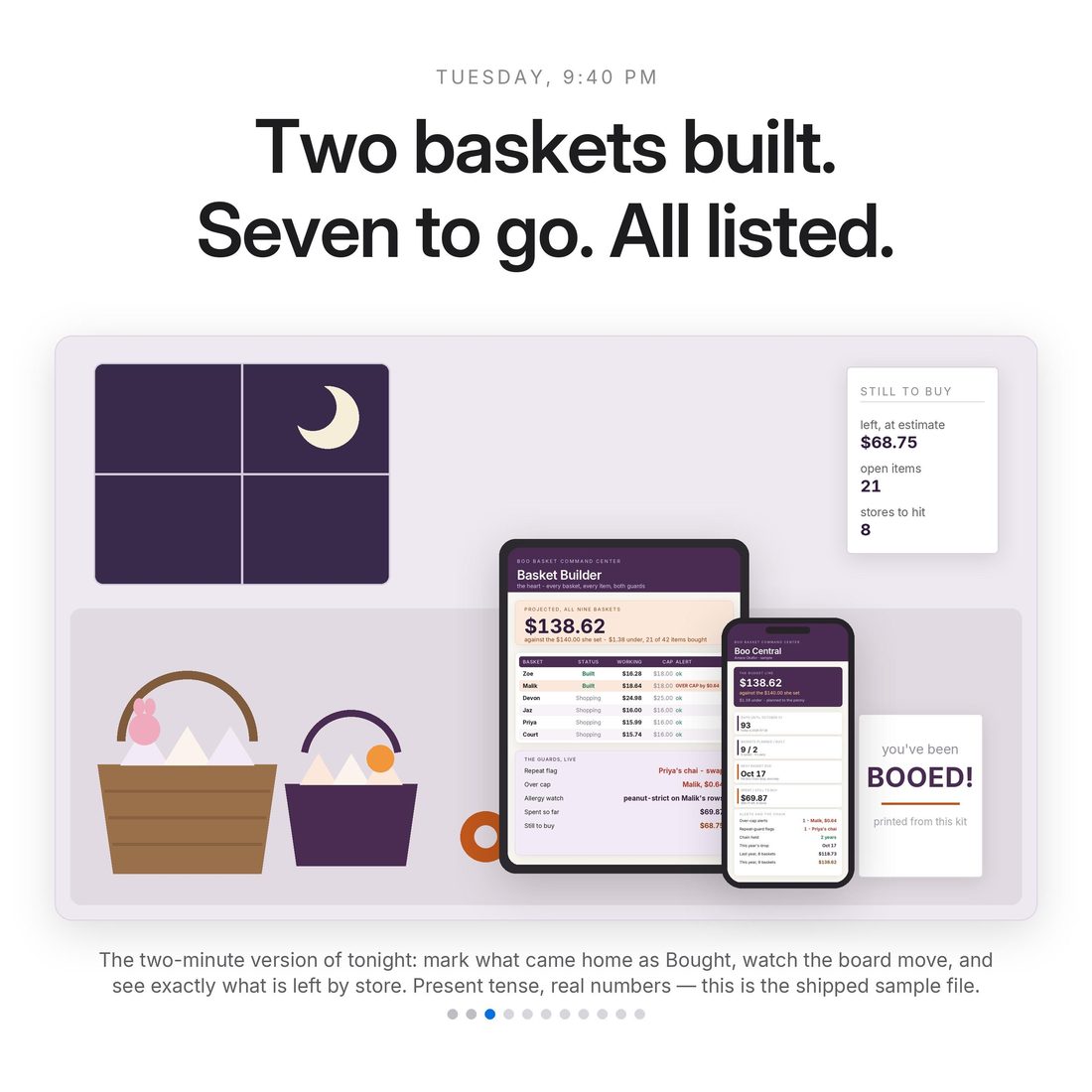 Before and after — a notes-app list versus 42 item lines totalling $138.62 against a $140.00 cap, $1.38 under.