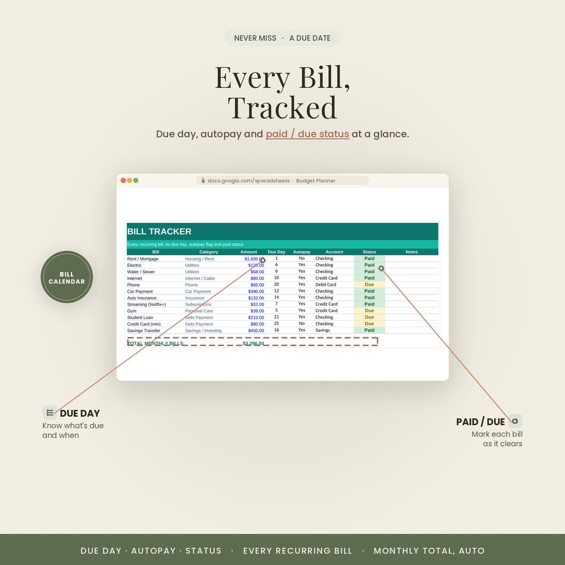 Bill tracker — due dates and status