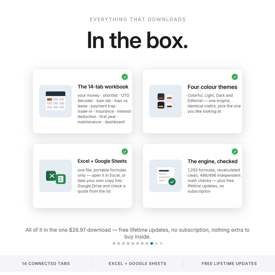 What's in the download — 14-tab workbook, four themes, quick-start and one-click Sheets access.