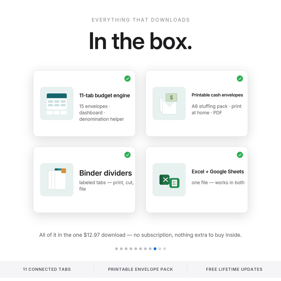 In the download: an 11-tab cash-envelope budget engine with 15 envelopes, a dashboard and a denomination helper, printable A6 cash envelopes, binder dividers, Excel and Google Sheets.
