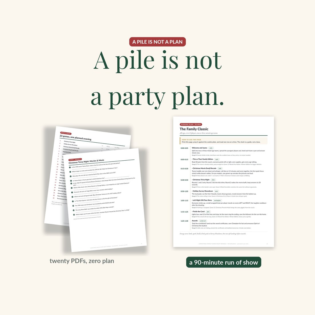 Comparison frame: scattered game sheets labeled twenty PDFs, zero plan, next to the Family Classic evening plan page labeled a 90-minute run of show.