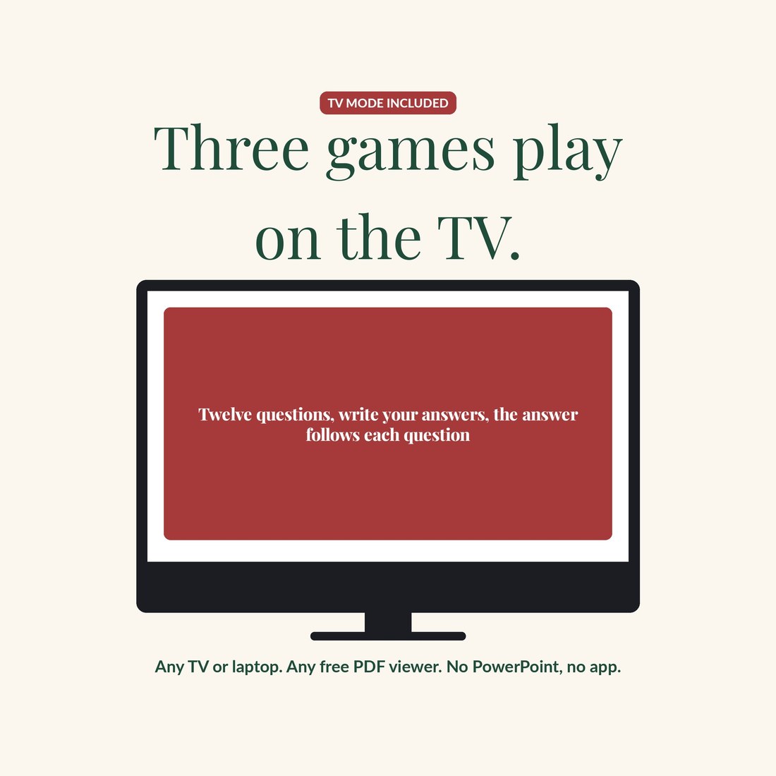 A television mockup showing a big-type trivia question slide from TV MODE, with the note: any TV or laptop, any free PDF viewer, no PowerPoint, no app. Three games included in TV mode.