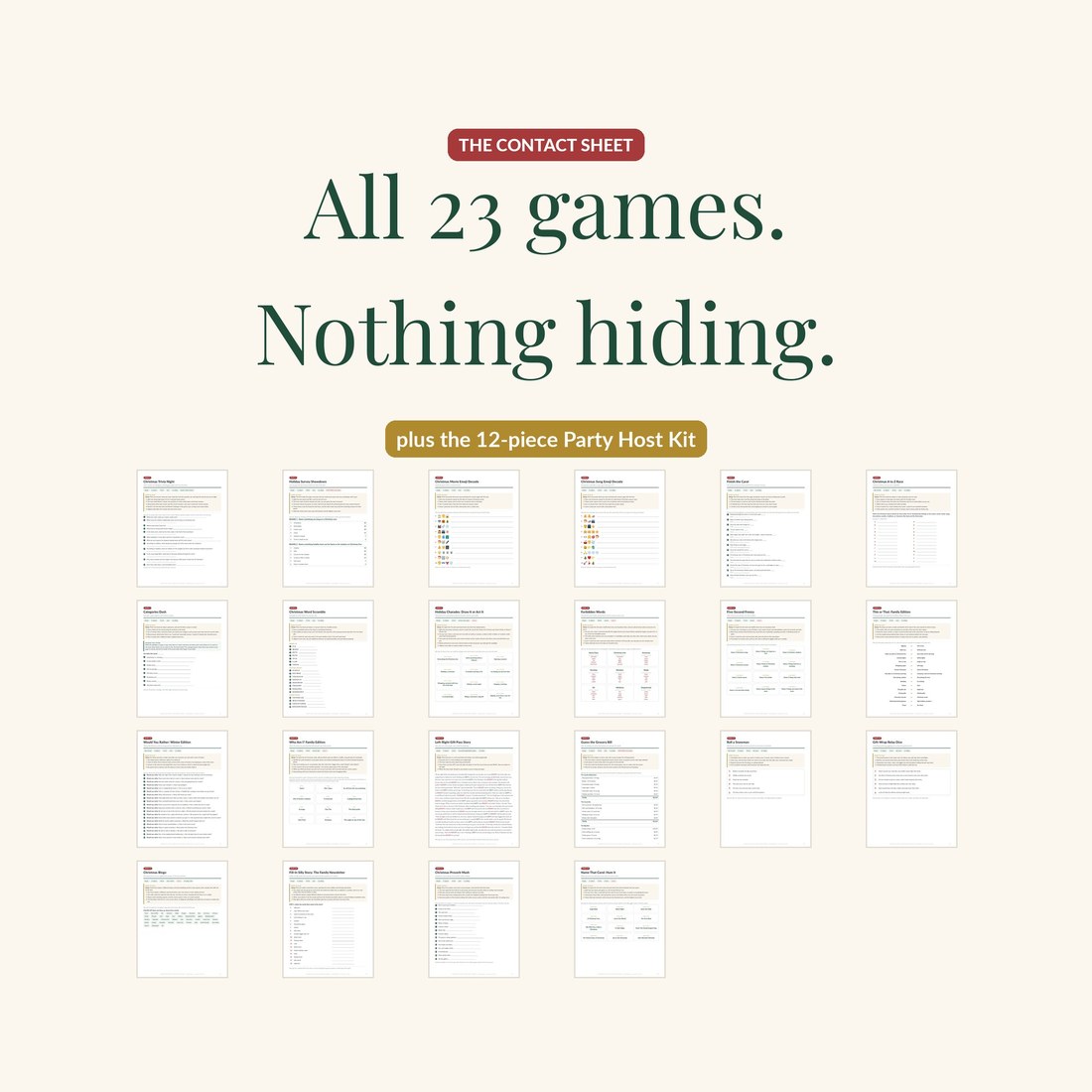 Contact sheet of all 23 game pages in the bundle laid out in a grid, so you can see every game before buying, plus a badge noting the 12-piece Party Host Kit.