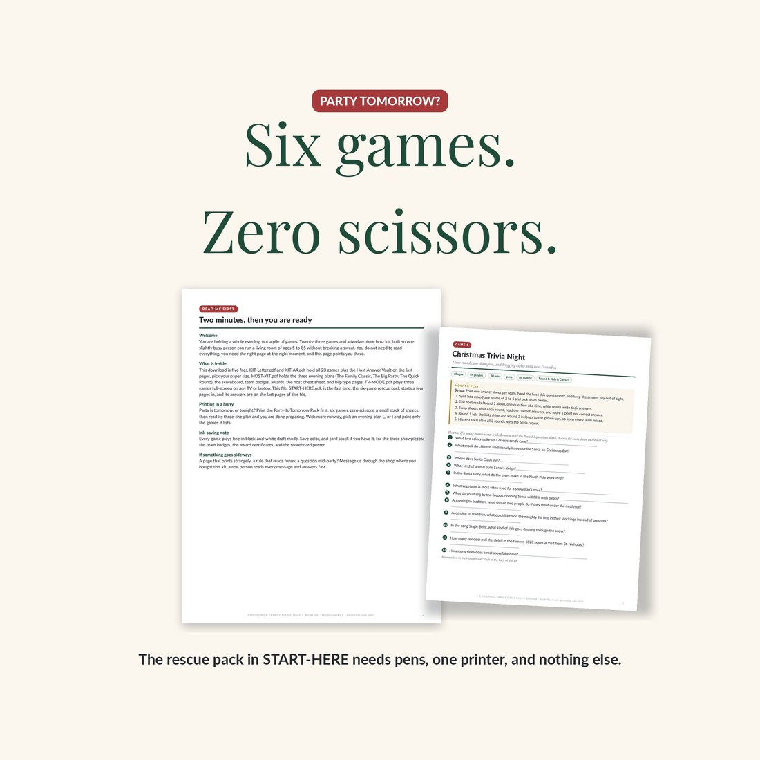 The Party Is Tomorrow rescue page next to a ready trivia sheet: six games, zero scissors, fifteen minutes, needing only pens and one printer.