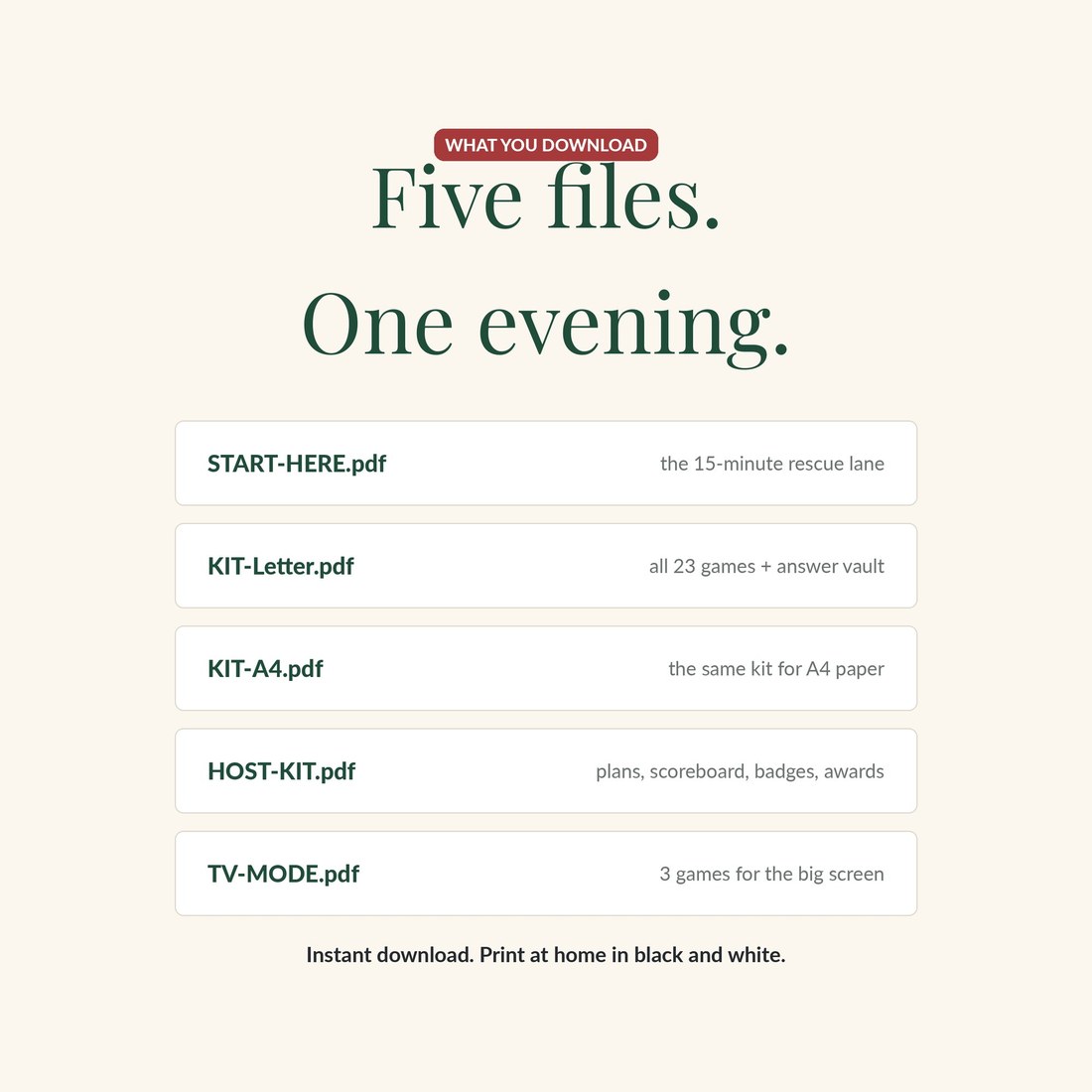 The five files in the download: START-HERE rescue lane, KIT in US Letter and A4 with the answer vault, HOST-KIT with plans and scoreboard and awards, and TV-MODE for the big screen.
