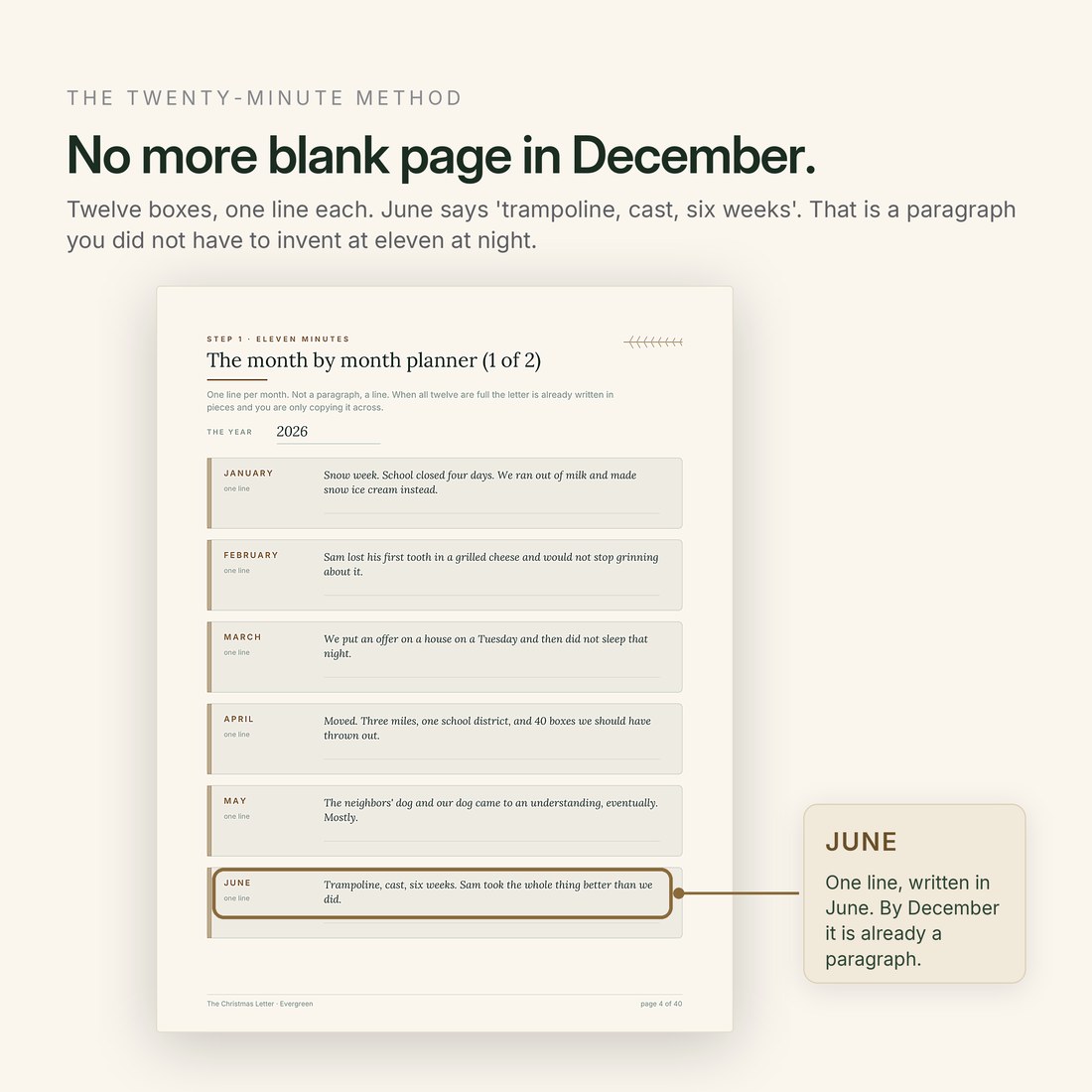 The month-by-month planner — one line per month, so June's trampoline, cast, six weeks is a paragraph you did not have to invent at eleven at night.