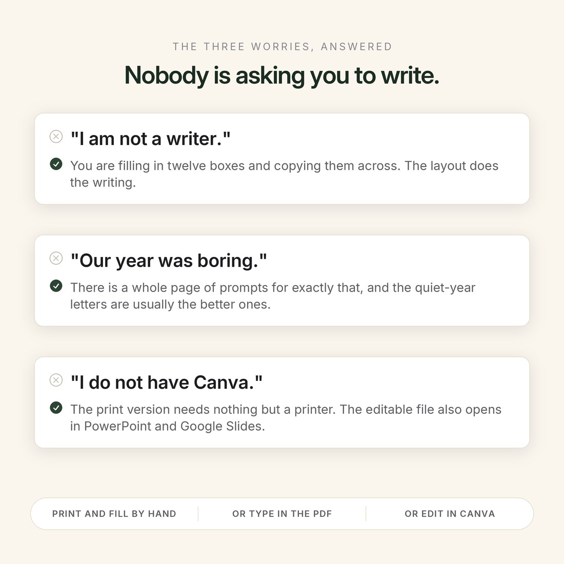 The three worries answered on one screen — I am not a writer, our year was boring, and I do not have Canva.
