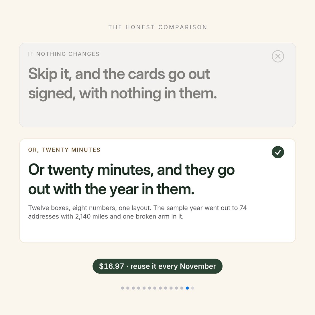 The justification — skip it and the cards go out signed with nothing in them, or twenty minutes and they go out with the year in them.