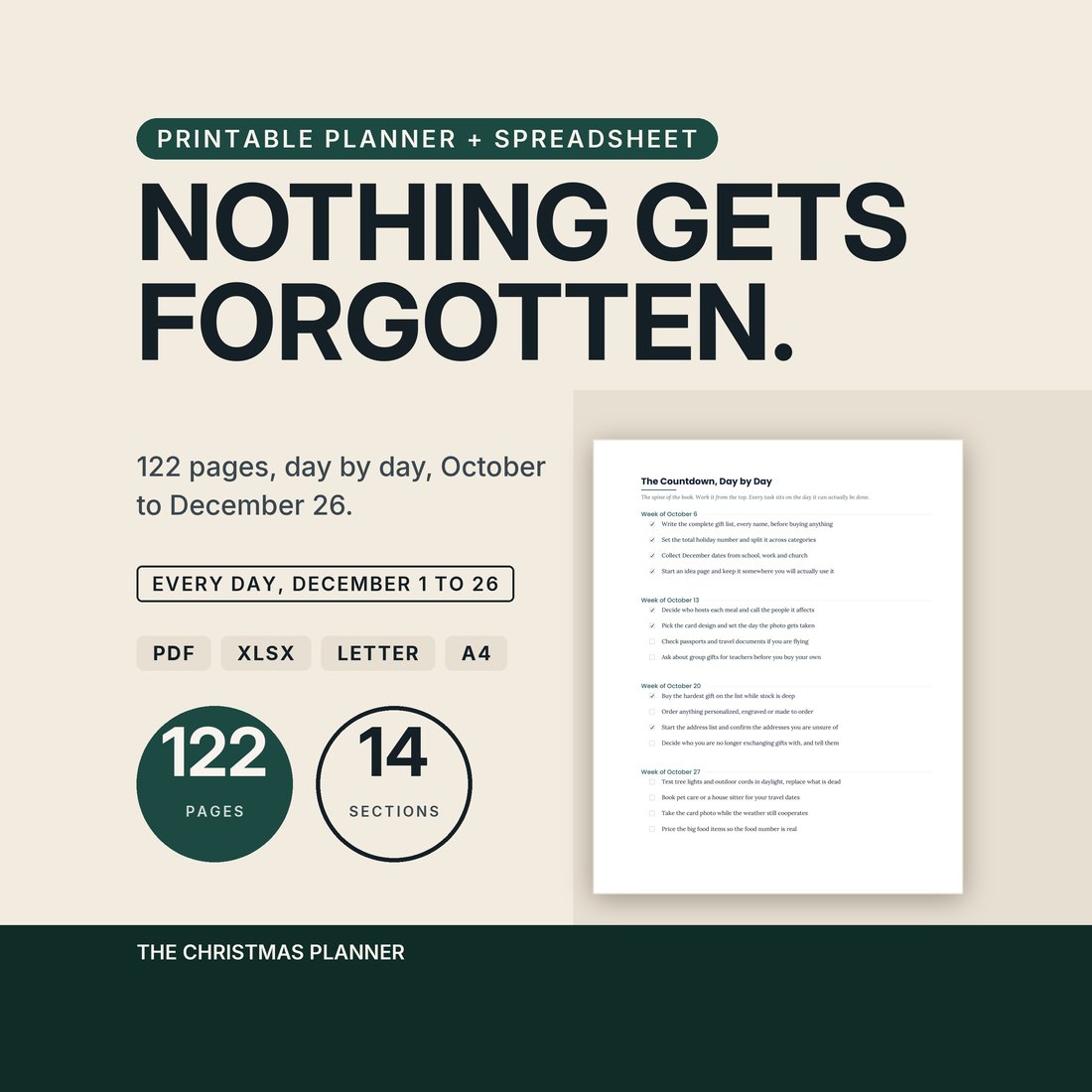 Hero image for The Christmas Planner reading nothing gets forgotten. 122 pages, day by day, October to December 26, with badges for PDF, XLSX, Letter and A4 and seals reading 122 pages and 14 sections beside a sample countdown page.
