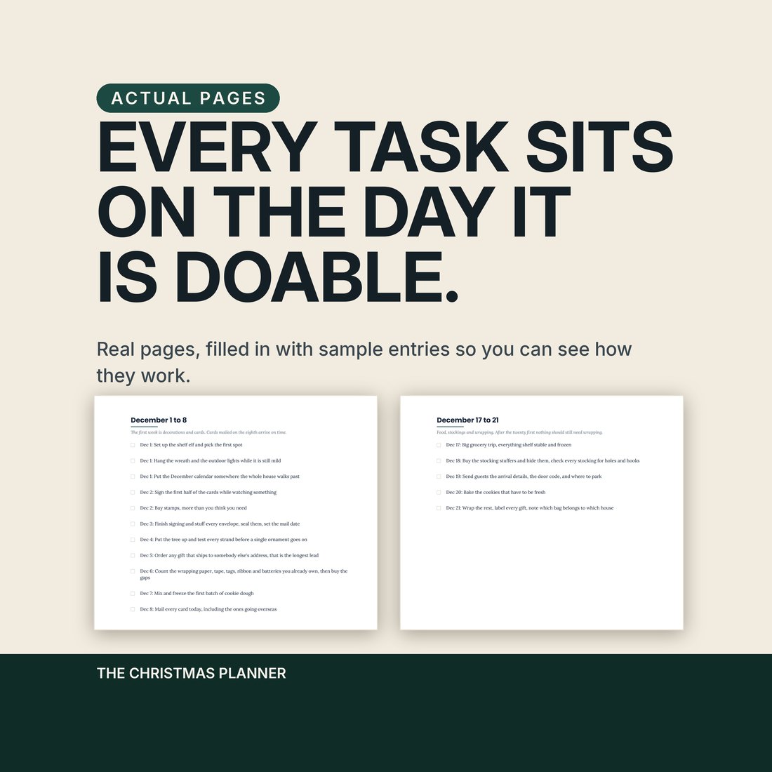 Two real pages from the planner shown filled in with sample entries, headed every task sits on the day it is doable. One page covers December 1 to 8 and the other December 17 to 21.