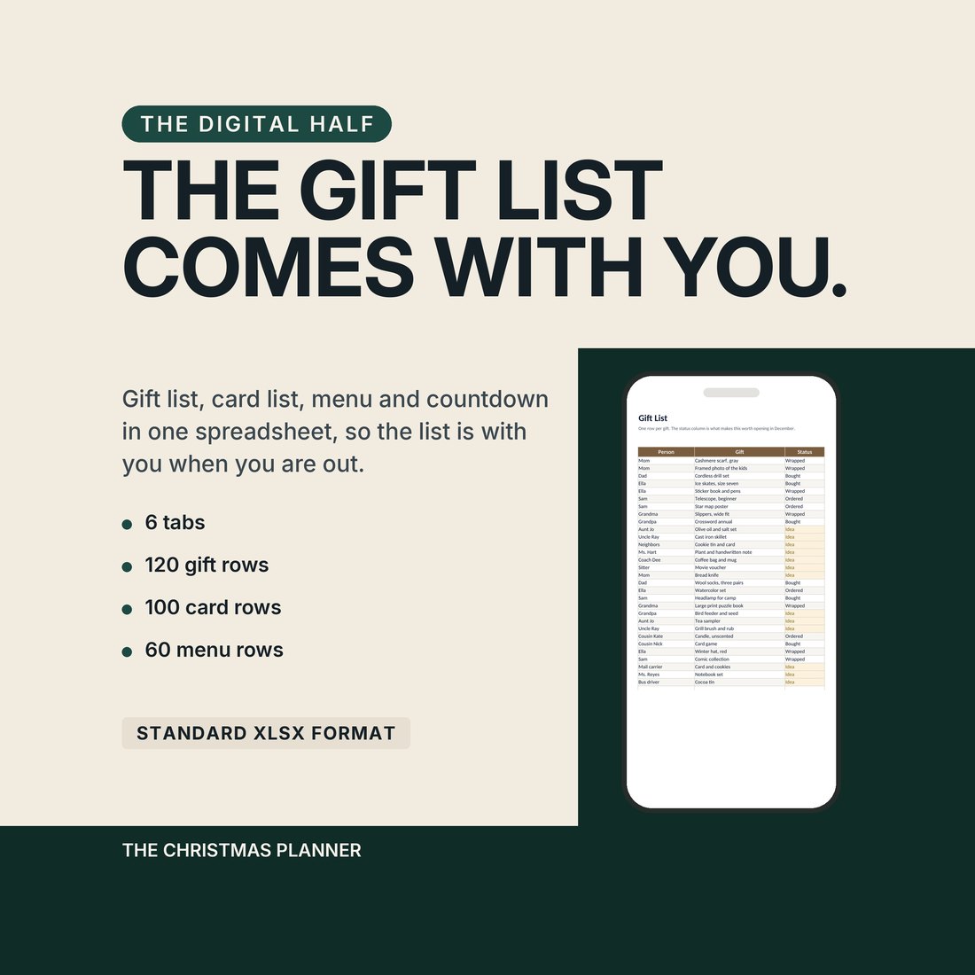 The spreadsheet companion shown on a phone, headed the gift list comes with you. Six tabs, 120 gift rows, 100 card rows and 60 menu rows, in standard XLSX format.