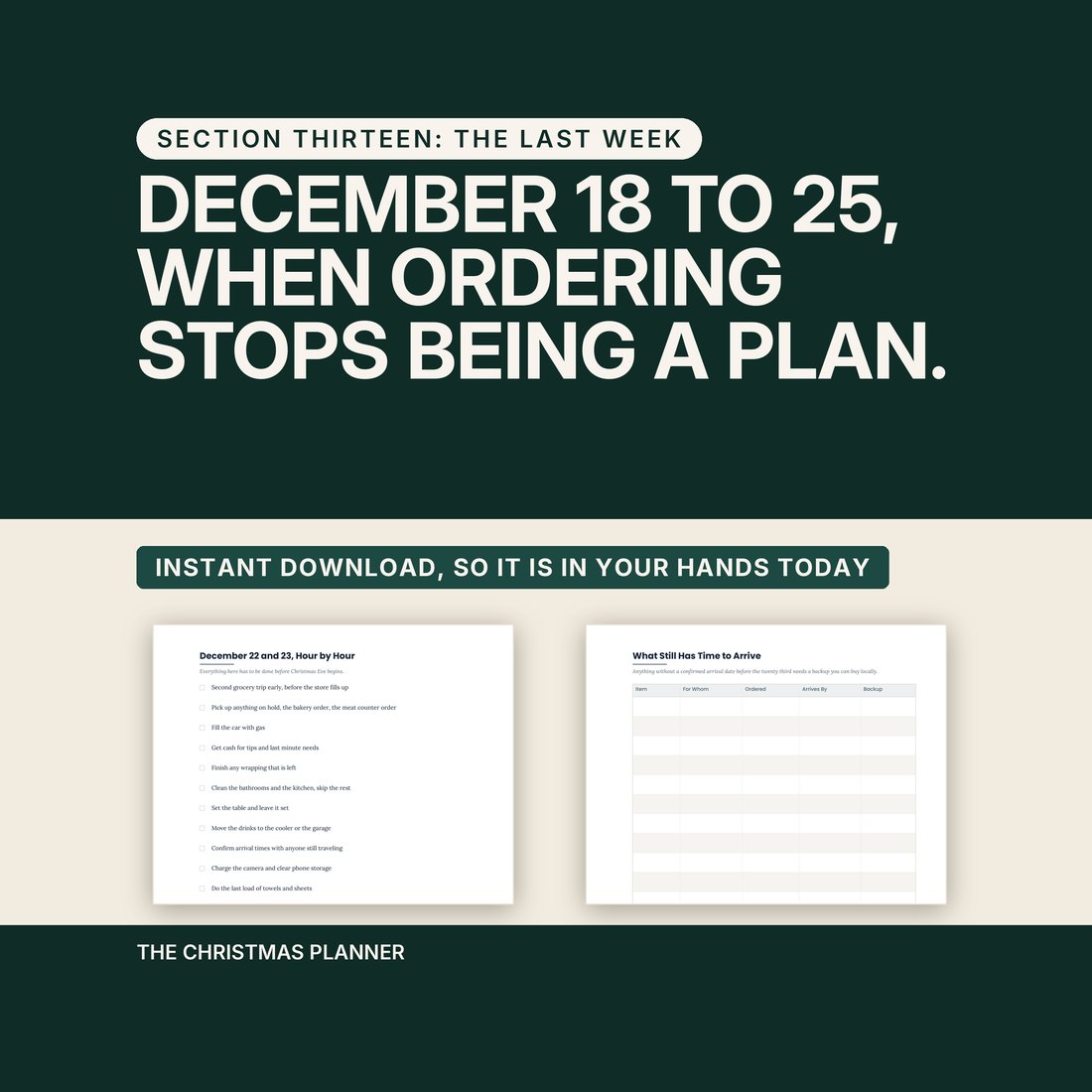 Section thirteen, The Last Week, covering December 18 to 25 when ordering stops being a plan. Two pages are shown: an hour by hour plan for December 22 and 23, and a page listing what still has time to arrive.