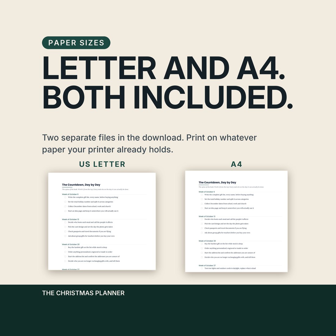 The same planner page shown at US Letter and at A4 size side by side. Both editions ship as separate files in the download, so you print on whatever paper your printer already holds.