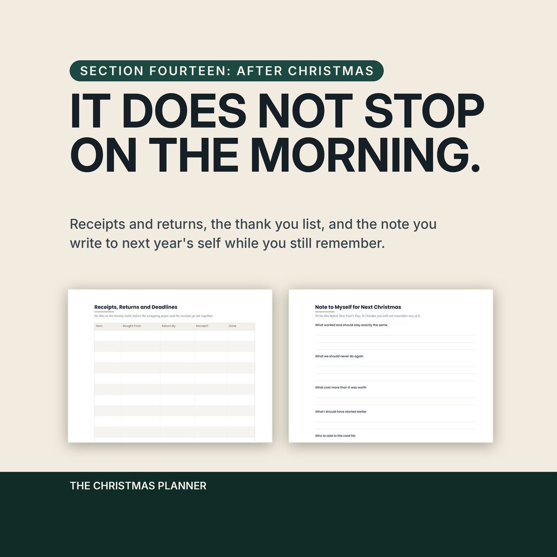 Section fourteen, After Christmas, headed it does not stop on the morning. Two pages are shown: receipts, returns and deadlines, and a note to next year's self written while you still remember.