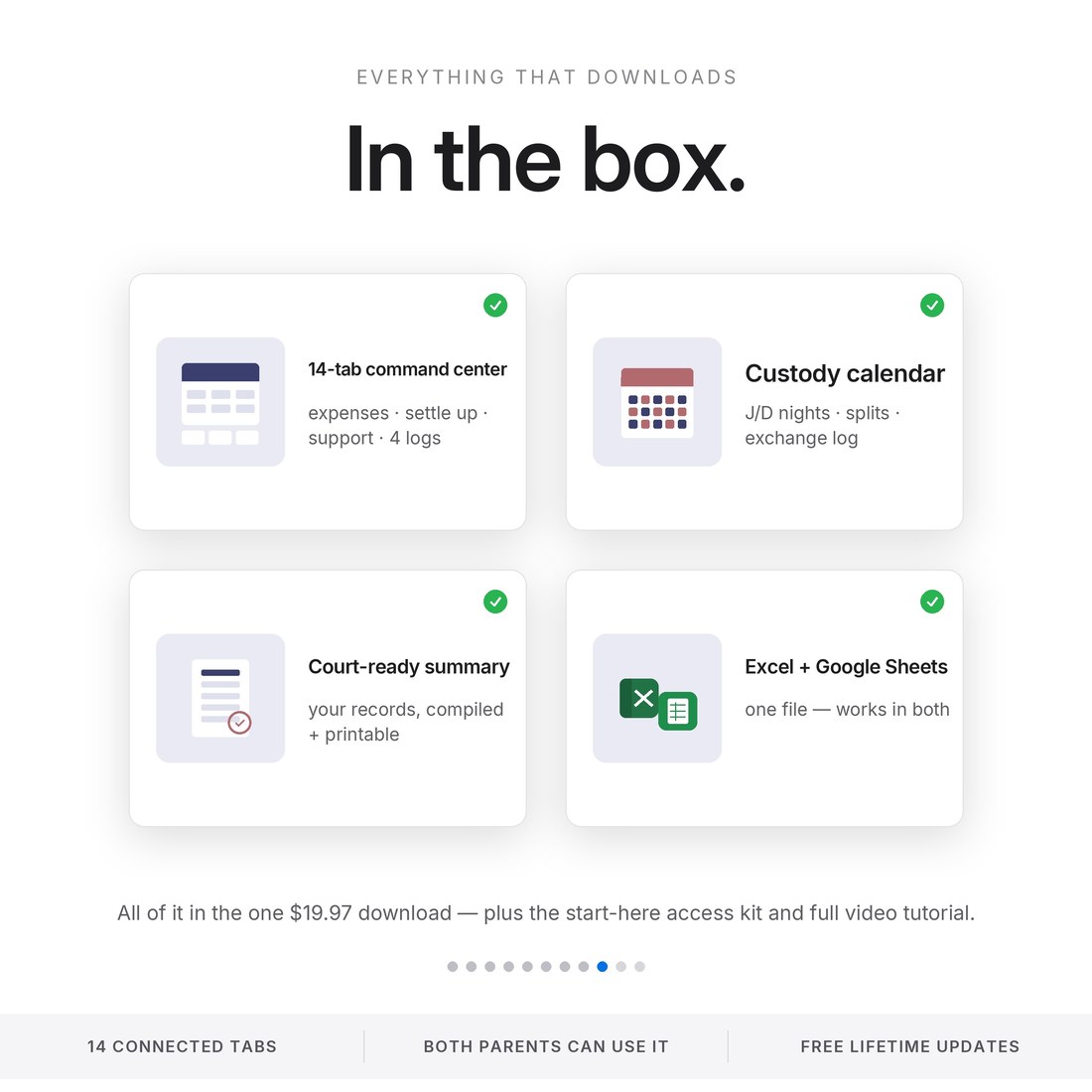 In the download: a 14-tab co-parenting command center — shared expenses, settle up, child support ledger, custody calendar, exchange, communication and incident logs — Excel and Google Sheets.