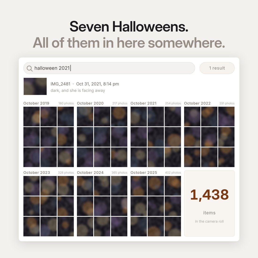 The problem — seven Halloweens somewhere inside a 1,438-item camera roll, and searching “halloween 2021” returns one dark photo of her facing away.