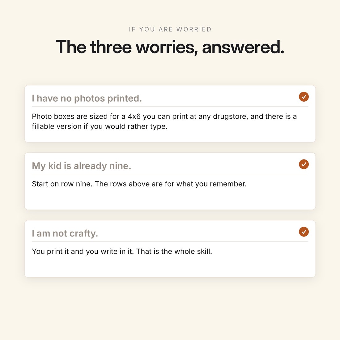 The three worries answered on one screen — no photos printed, a kid who is already nine, and not being crafty.