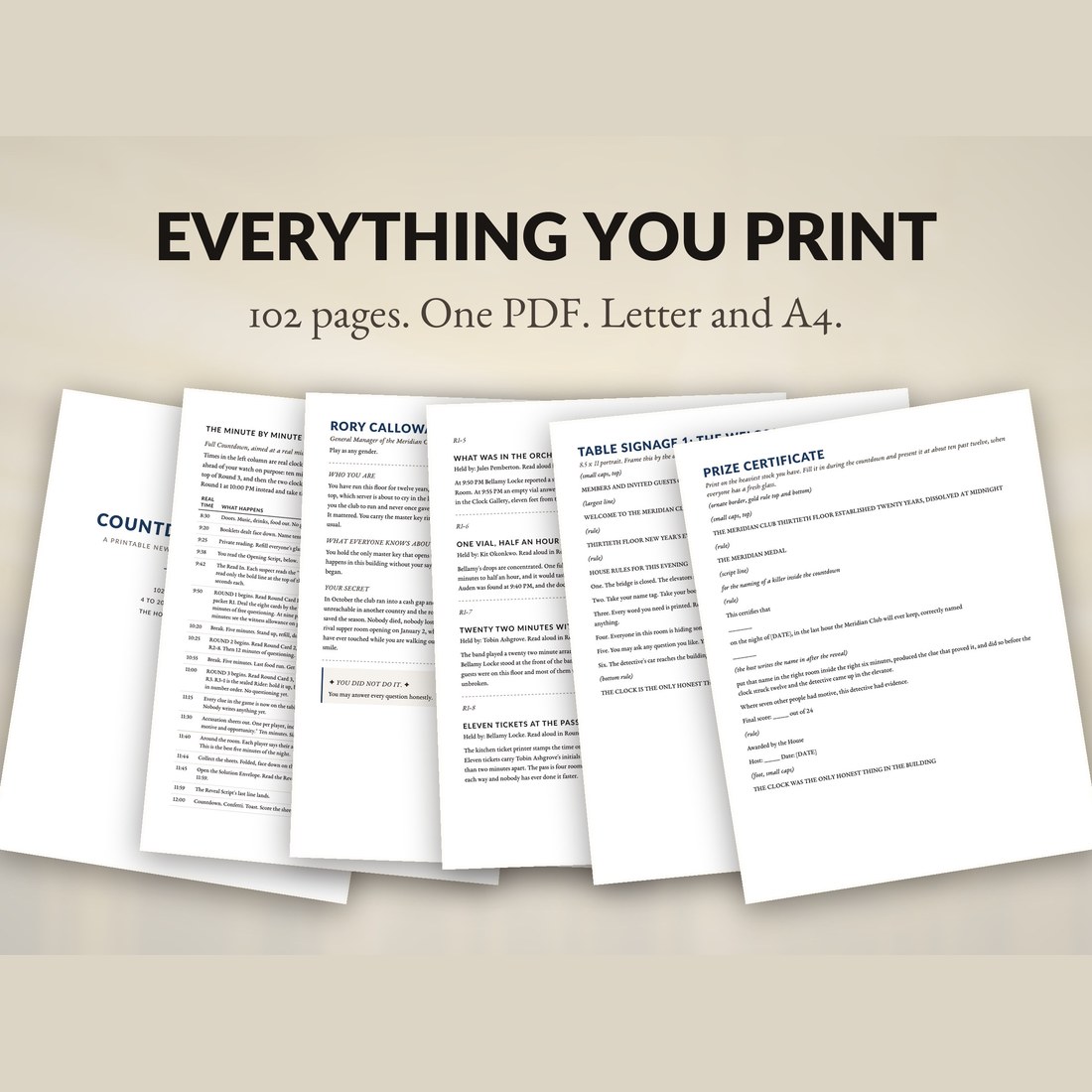 Everything you print: 102 pages in one PDF, in Letter and A4, fanned out as host guide pages, clue cards, table signage and a prize certificate.