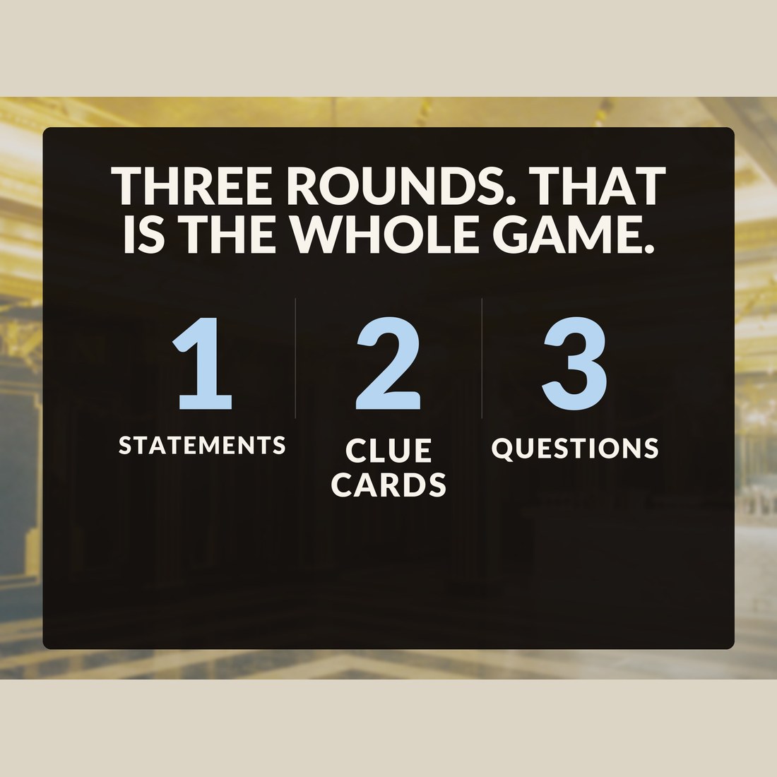 Three rounds, that is the whole game: one statements, two clue cards, three questions, laid out as the entire structure of the evening.