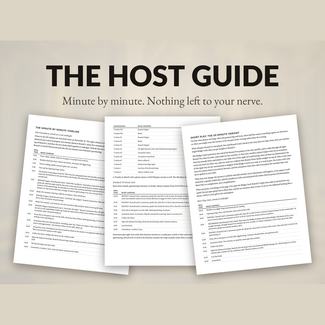 The host guide, minute by minute, with nothing left to your nerve: the countdown timeline and the Short Play variant laid out side by side.