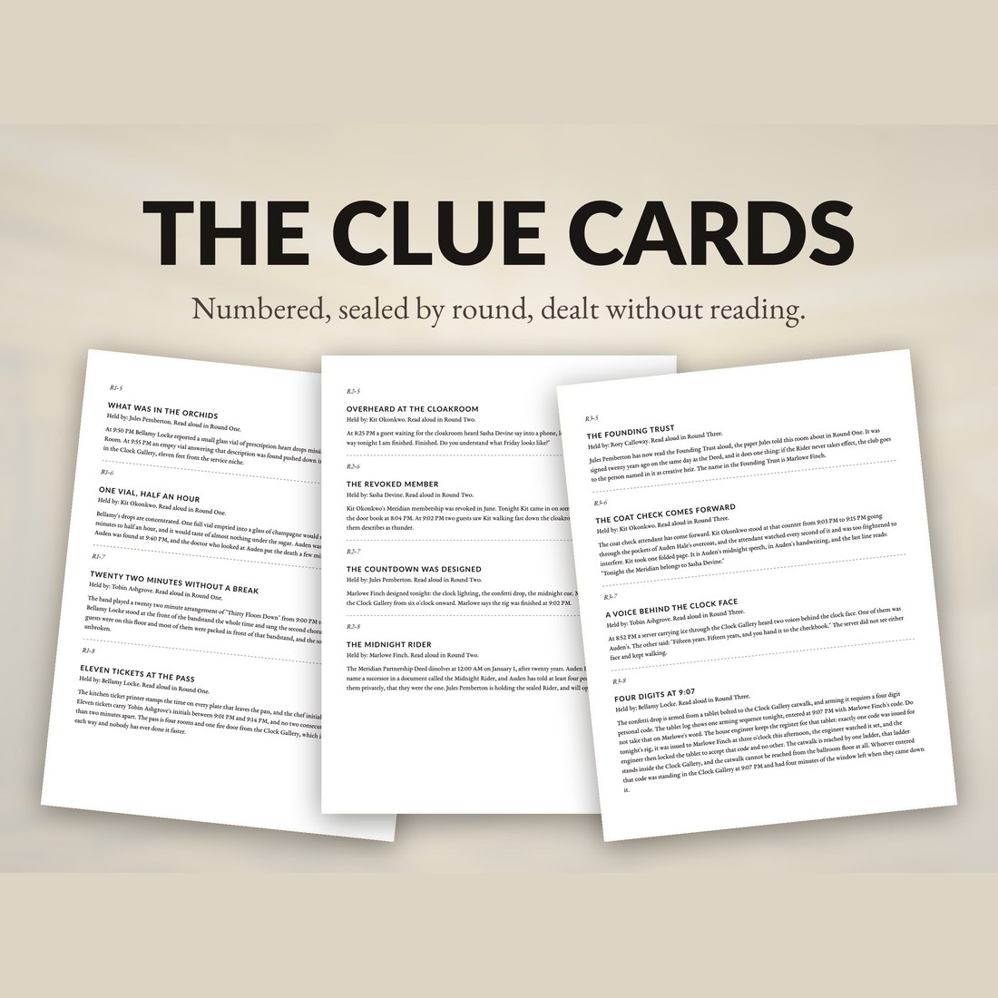 The clue cards, numbered and sealed by round so they can be dealt without reading: what was in the orchid, overheard at the cloakroom and the revoked member among them.