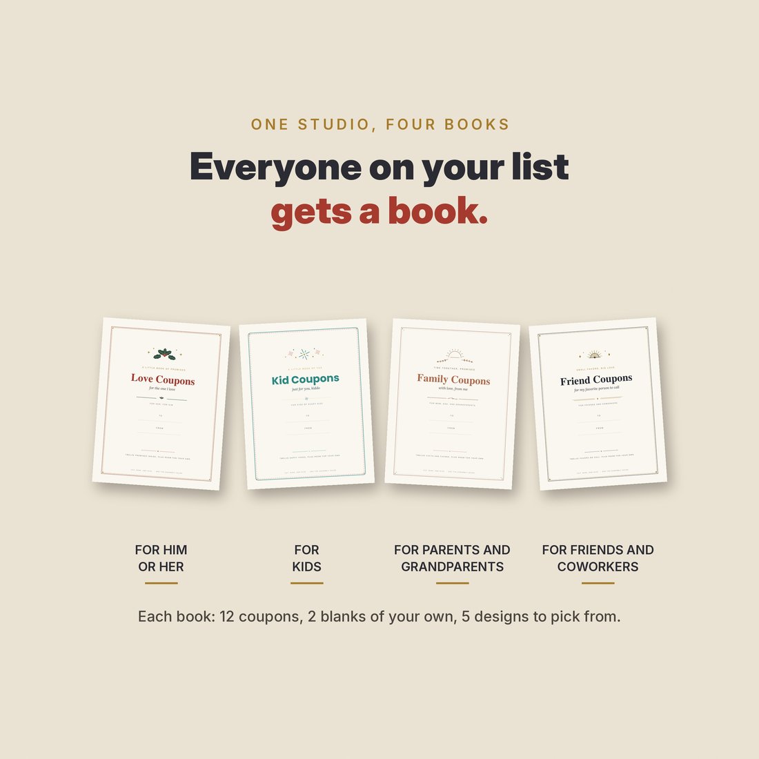 Everyone on your list gets a book: the four recipient books fanned out together.