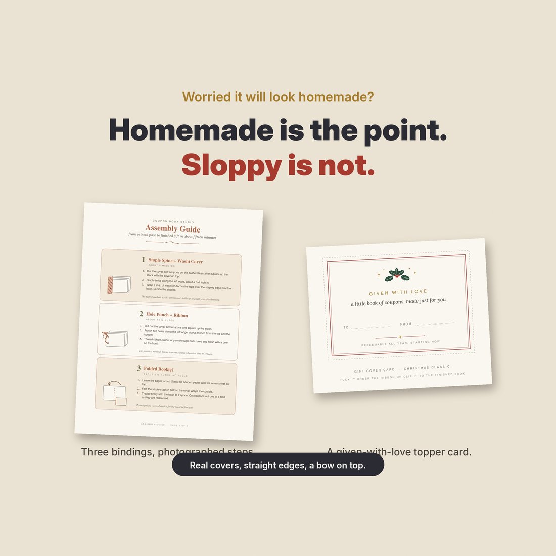 Homemade is the point. Sloppy is not: printed cut lines and typeset fills, up close.