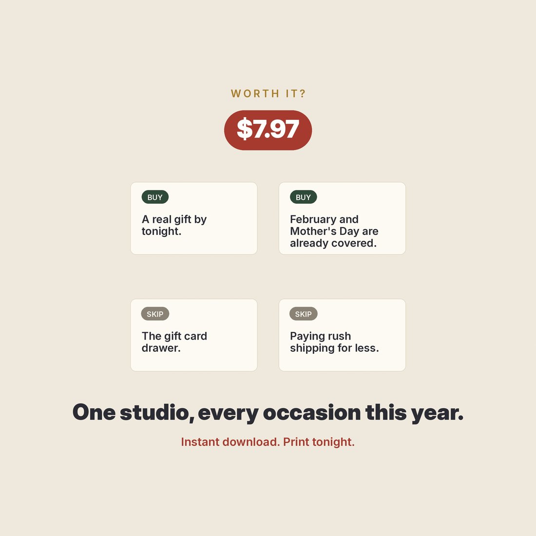 One studio, every occasion this year: Christmas, Valentine's, anniversary, Mother's Day, Father's Day and birthdays covered by the five designs.