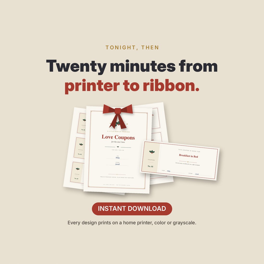Twenty minutes from printer to ribbon: the closing spread with the instant download promise.