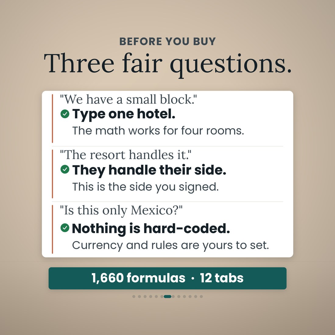 Three fair questions about the destination wedding planner answered on one card: we have a small block, the resort handles it, and is this only Mexico. A teal band beneath reads 1,660 formulas and 12 tabs.