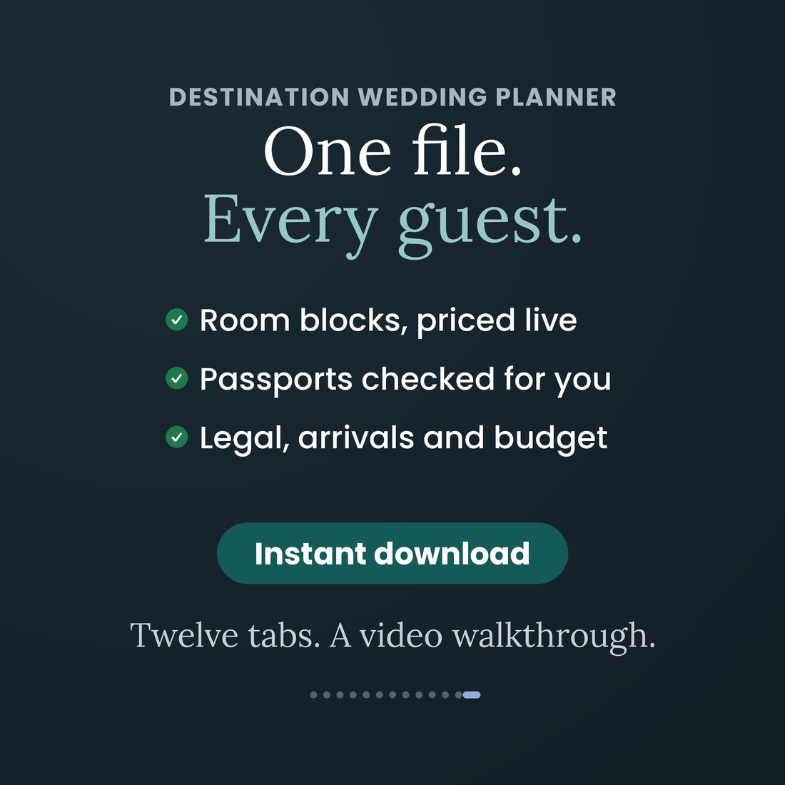 Destination Wedding Planner: one file, every guest. Room blocks priced live, passports checked for you, legal, arrivals and budget in one workbook. Twelve tabs and a video walkthrough, instant download.