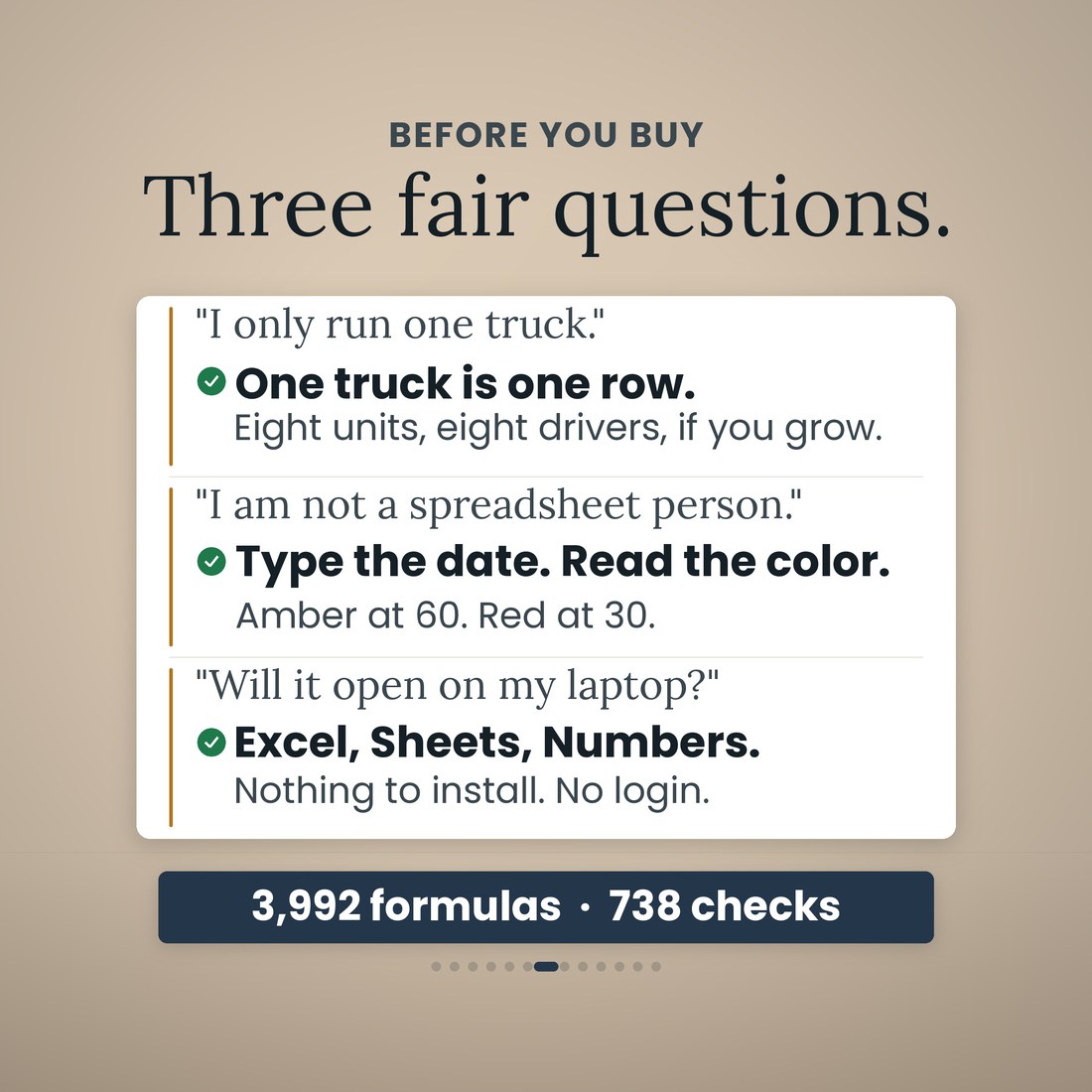 Three fair questions: one truck is one row, with eight units and eight drivers if you grow; you type the date and read the color, amber at 60 and red at 30; and it opens in Excel, Google Sheets and Numbers with nothing to install.