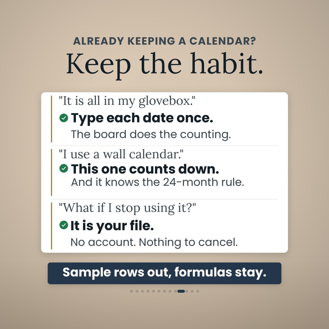 Already keeping a calendar? Keep the habit: type each glovebox date once and the board does the counting, this one counts down and knows the 24-month rule, and it is your file with no account and nothing to cancel.