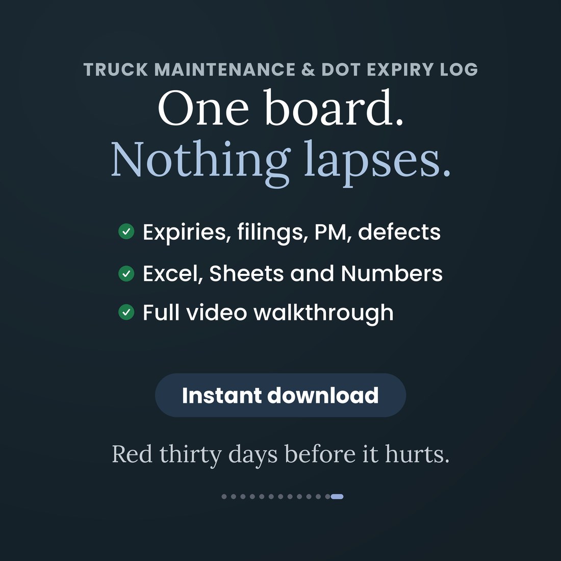 Truck Maintenance and DOT Expiry Log: one board, nothing lapses. Expiries, filings, PM and defects in Excel, Google Sheets and Apple Numbers with a full video walkthrough. Instant download.