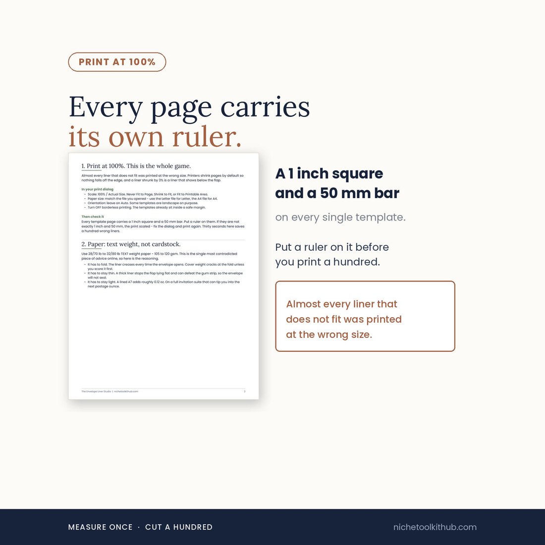 Panel headed 'Every page carries its own ruler', with a print settings guide page shown at left. Text at right reads: a 1 inch square and a 50 mm bar on every single template, put a ruler on it before you print a hundred. A red-outlined callout adds: almost every liner that does not fit was printed at the wrong size. Footer: measure once, cut a hundred.