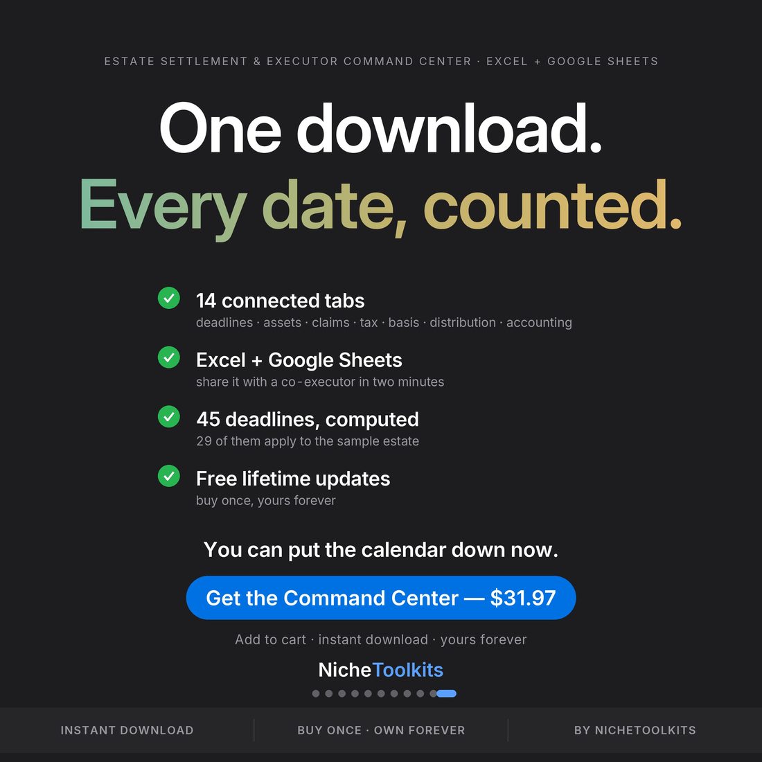 One download, every date counted — estate settlement and executor command center, 14 connected tabs, 45 deadlines, probate, claims, estate tax and distribution, Excel and Google Sheets, $31.97.